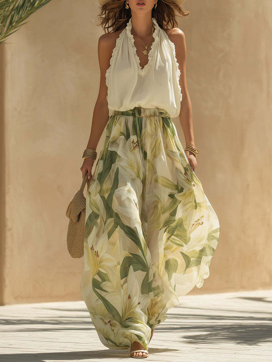 Spring New V-Neck Fitted Ruffle Elegant Dress
