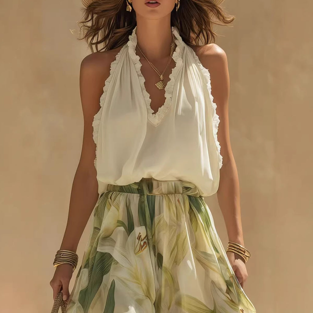 Spring New V-Neck Fitted Ruffle Elegant Dress