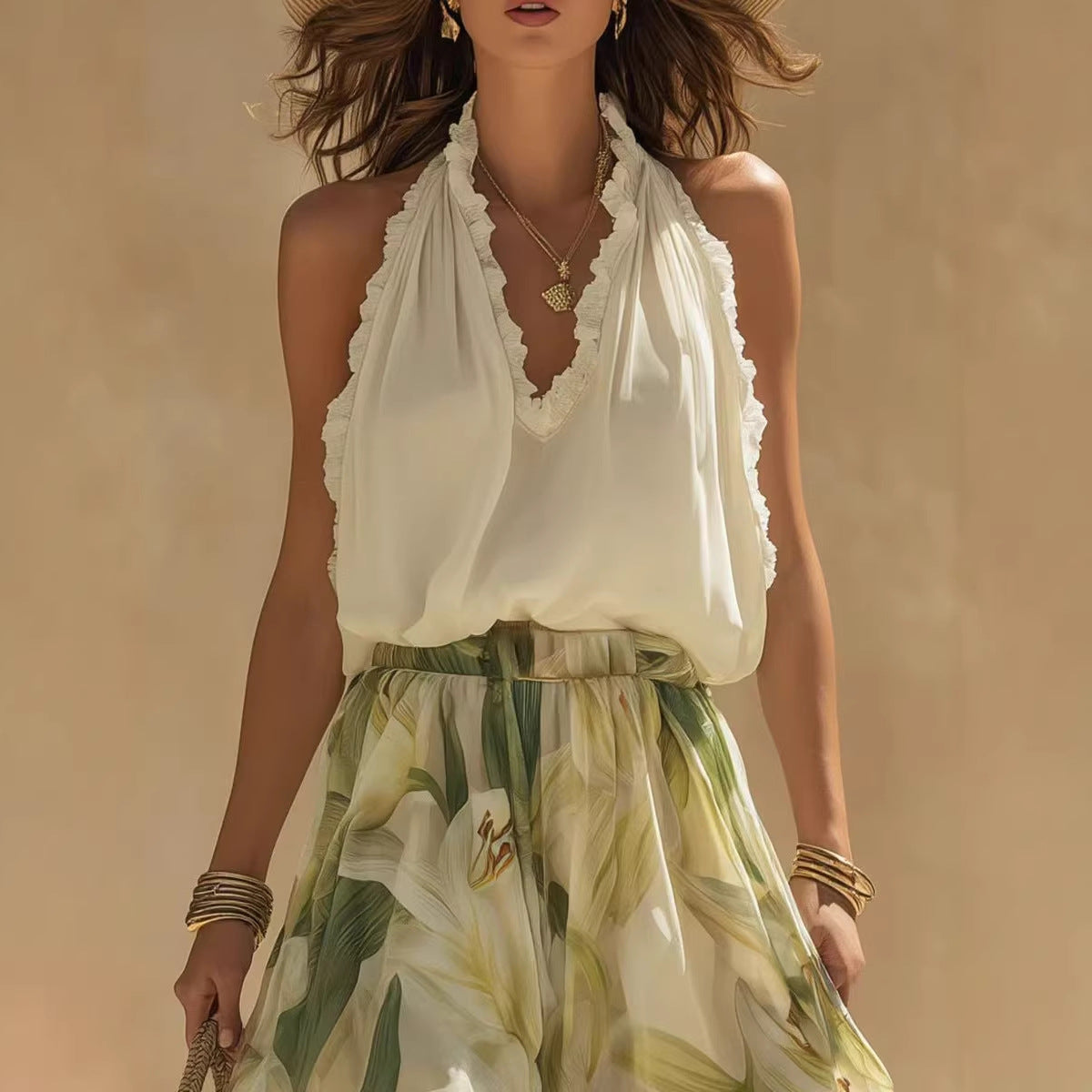 Spring New V-Neck Fitted Ruffle Elegant Dress